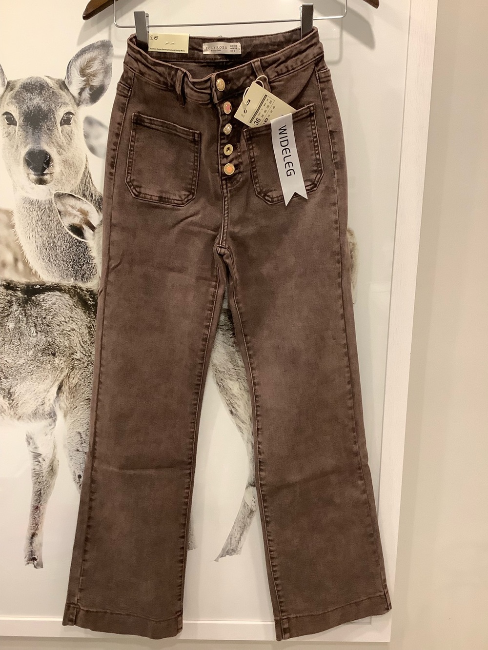 Wide leg brown wash front patch pocket jeans & coloured buttons size 36 NWT